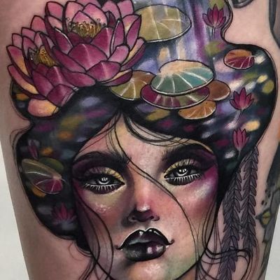 Tattoo by Hannah Flowers #HannahFlowers #neotraditional #artnouveau #color #painterly #portrait #lady #ladyhead #lotus $flower #floral #lilypad #river #reflection