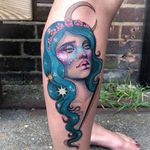 Tattoo by Hannah Flowers #HannahFlowers #neotraditional #artnouveau #color #painterly #portrait #lady #ladyhead #galaxy #stars #moon #flowers #cherryblossom #floral #space #scifi #surreal