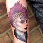 Tattoo by Hannah Flowers #HannahFlowers #neotraditional #artnouveau #color #painterly #portrait #lady #ladyhead #punk #punkrock #rose #cheetahprint #mohawk #anarchy #femme #spiderweb #safetypin #babe
