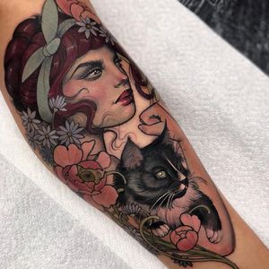 Tattoo by Hannah Flowers #HannahFlowers #neotraditional #artnouveau #color #painterly #portrait #lady #ladyhead #RosieTheRiveter #cat #kitty #petportrait #flowers #floral #leaves #nature