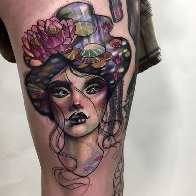 Tattoo by Hannah Flowers #HannahFlowers #neotraditional #artnouveau #color #painterly #portrait #lady #ladyhead #lotus $flower #floral #lilypad #river #reflection