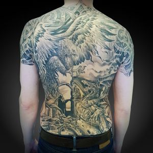 Full back tattoo #nordic #viking #tattoosbycharlie #fantasy #dragon #phoenix #blackandgrey 