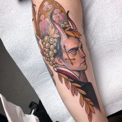 Tattoo by Hannah Flowers #HannahFlowers #neotraditional #artnouveau #color #painterly #portrait #demon #devil #upsidedowncross #grapes #stainedglass #baroque #leaves #gothic