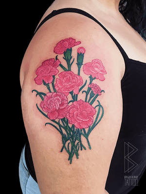 Custom carnation boquet tattoo. Would love to do more like this! Email me at burke.brigid@gmail.com  #Carnation #flower #flowertattoo #floraltattoo #carnations #tattoo #ink #armtattoo #customtattoo
