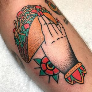 Tattoo by Vinny Morris #VinnyMorris #foodtattoos #food #traditional #color #hand #flower #taco #mexicanfood