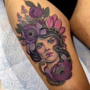 Tattoo by Hannah Flowers #HannahFlowers #neotraditional #artnouveau #color #painterly #portrait #lady #ladyhead #flowers #floral #leaves #nature