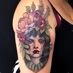 Tattoo by Hannah Flowers #HannahFlowers #neotraditional #artnouveau #color #painterly #portrait #lady #ladyhead #peony #flower #floral #leaves #nature #filigree