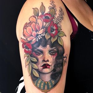 Tattoo by Hannah Flowers #HannahFlowers #neotraditional #artnouveau #color #painterly #portrait #lady #ladyhead #peony #flower #floral #leaves #nature #filigree