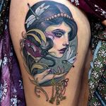 Tattoo by Hannah Flowers #HannahFlowers #neotraditional #artnouveau #color #painterly #portrait #lady #ladyhead #key #keys #flowers #dragonfly #insect #nature