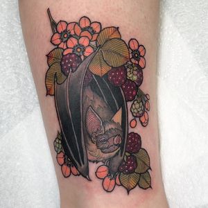 Tattoo by Hannah Flowers #HannahFlowers #neotraditional #artnouveau #color #painterly #bat #nature #animal #fruit #raspberry #raspberries #leaves #blossom #flower #floral