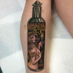 Tattoo by Hannah Flowers #HannahFlowers #neotraditional #artnouveau #color #painterly #portrait #lady #ladyhead #drink #alcohol #absinthe #pinup #glass #text #font
