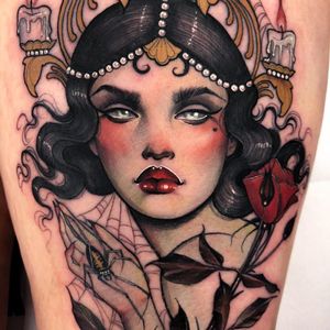 Tattoo by Hannah Flowers #HannahFlowers #neotraditional #artnouveau #color #painterly #portrait #lady #ladyhead #candle #pearls #light #spider #spiderweb #rose #flower #floral #leaves #nature
