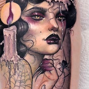 Tattoo by Hannah Flowers #HannahFlowers #neotraditional #artnouveau #color #painterly #portrait #lady #ladyhead #candle #spider #melting #wax #spiderweb