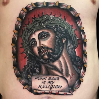 Tattoo by Dmitry Rechnoy River #DmitryRiver #DmitryRechnoy #xktattoo #religioustattoo #Christian #Catholic #religious #Jesus #blood #crownofthorns #quote #punk #punkrock #JesusChrist #portrait #traditional #color