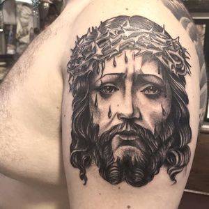 Tattoo by Freddy Corbin #FreddyCorbin #religioustattoo #Christian #Catholic #religious #Jesus #JesusChrist #crownofthorns #blackandgrey #realism #realistic #portrait #blood #tears #love