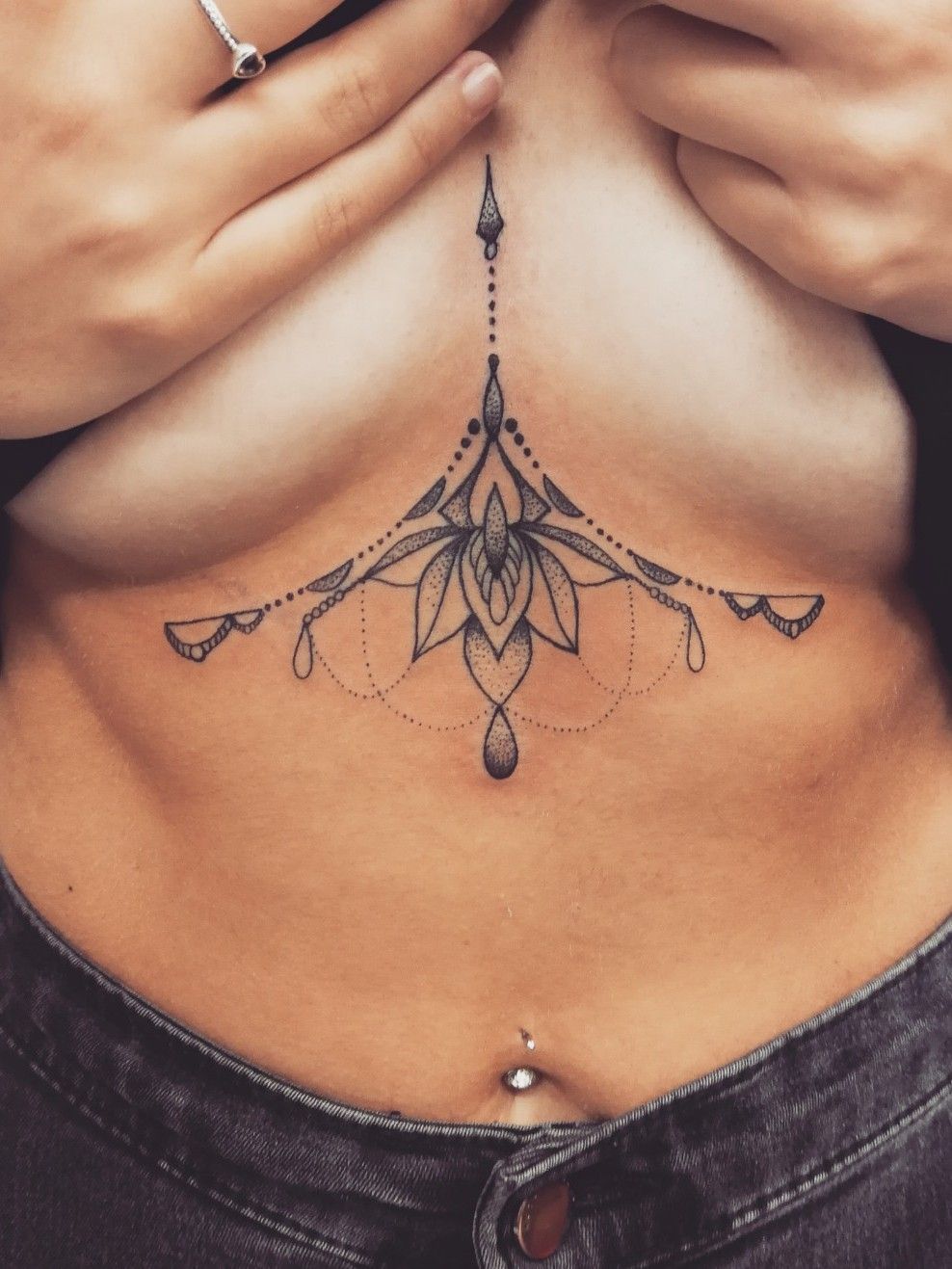 Tattoo uploaded by Gina Villeneuve • #sternumtattoo #underboobtattoo  #dotworktattoo #dotwork #mandala #lotustattoo #lotus #lotusflowertattoo  #beads • Tattoodo