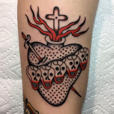 Tattoo by Dexter Tattooer #DexterTattooer #Dexter #religioustattoo #Christian #Catholic #religious #sacredheart #fire #cross #skull #sword #heart #love #death