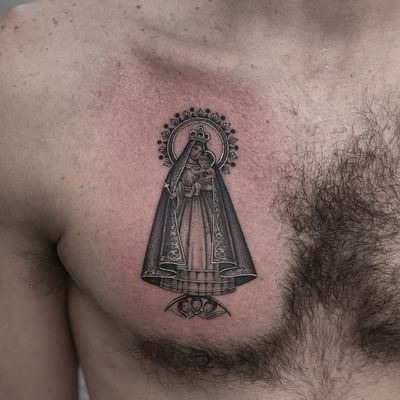 Tattoo by Javier Betancourt #javierbetancourt #religioustattoo #Christian #Catholic #religious #virginmary #mary #saint #angel #wings #holy #cross #babyjesus #jesuschrist #detailed #blackandgrey