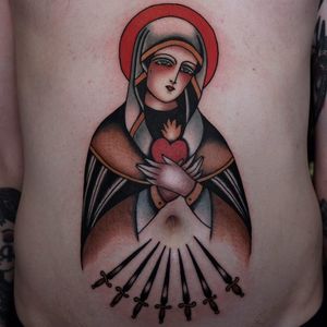 Tattoo by Ivan Antonyshev #ivanantonyshev #religioustattoo #Christian #Catholic #religious #virginmary #mary #saint #holy #sacredheart #daggers #sword #heart #love #fire #color #traditional