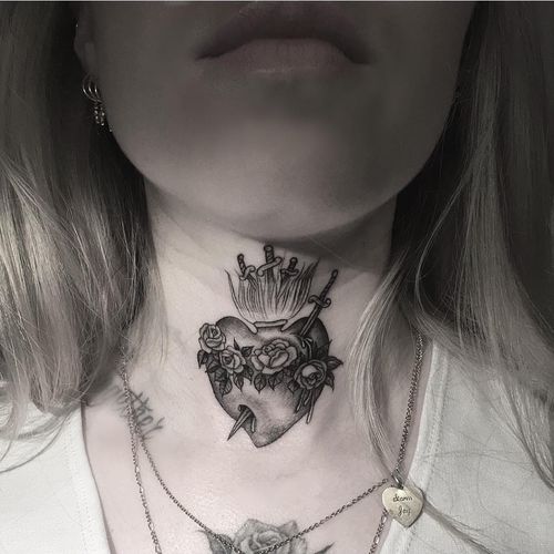 Tattoo by Em Scott #EmScott #religioustattoo #Christian #Catholic #religious #sacredheart #fineline #singleneedle #heart #rose #flower #floral #blood #sword #fire #blackandgrey #illustrative
