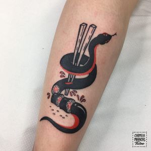 Tattoo by Carmela Maracas #CarmelaMaracas #sushitattoo #sushi #foodtattoo #food #Japanese #snake #serpent #reptile #chopsticks #animal #graphic #blood #rice #fish