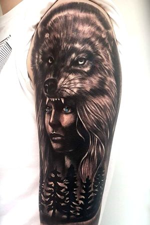 Created by Patryk Cieśla from Patryk Cieśla Tattoo :) #realistictattoo #realistic #wolf #wolftattoo #woman #womantattoo #forest #foresttattoo #forestxwolf #wolfwoman 
