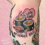 Tattoo by Harriet Heath aka Lone Rose Tattoo #HarrietHeath #LoneRoseTattoo #sushitattoo #sushi #foodtattoo #food #Japanese #gender #feminism #soysauce #fish #rice #sparkle #heart #seaweed