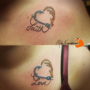Faith & Love. A couple of collarbone pieces from Feb 2018.http://nikkifirestarter.com#tattoos #bodyart #bodymod #colortattoos #ink #faith #love #friendshiptattoos #meaningfultattoos #antlertattoos #fishingtattoos #texttattoos #apprenticetattoos