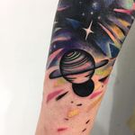 Tattoo by Giena Todryk #GienaTodryk #Taktoboli #color #surreal #newschool #psychadelic #strange #space #solarsystem #stars #abstract #shapes #saturn #planets