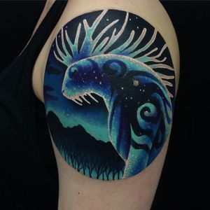 Tattoo by Giena Todryk #GienaTodryk #Taktoboli #color #surreal #newschool #psychadelic #strange #princessmononoke #studioghibli #forest #forestspirit #stars #space #magic #fantasy