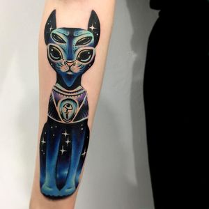 Tattoo by Giena Todryk #GienaTodryk #Taktoboli #color #surreal #newschool #psychadelic #strange #cat #kitty #sphinx #stars #galaxy #solarsystem #space #eye #eyeball #thirdeye