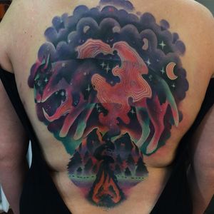 Tattoo by Giena Todryk #GienaTodryk #Taktoboli #color #surreal #newschool #psychadelic #strange #solarsystem #moon #galaxy #space #animal #spiritanimal #smoke #mountains #forest #fire #campfire