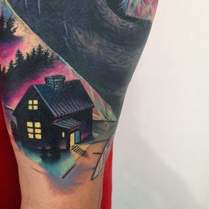 Tattoo by Giena Todryk #GienaTodryk #Taktoboli #color #surreal #newschool #psychadelic #strange #house #forest #home #light #abstract #trees