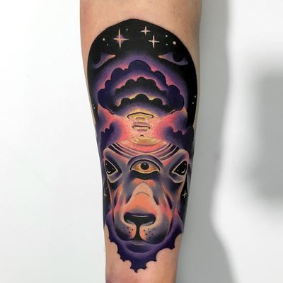 Tattoo by Giena Todryk #GienaTodryk #Taktoboli #color #surreal #newschool #psychadelic #strange #goat #animal #thirdeye #cloud #sky #eyes #space #stars #solarsystem