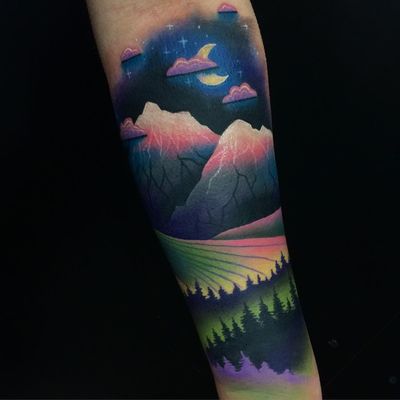 Tattoo by Giena Todryk #GienaTodryk #Taktoboli #color #surreal #newschool #psychadelic #strange #forest #landscape #trees #mountains #sky #moon #clouds #stars