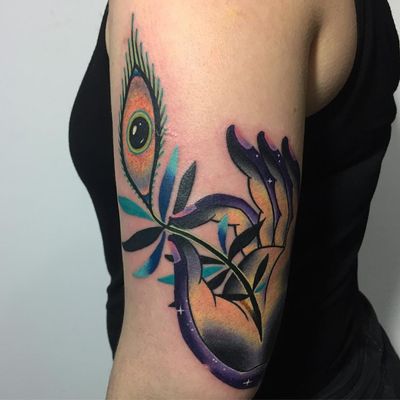 Tattoo by Giena Todryk #GienaTodryk #Taktoboli #color #surreal #newschool #psychadelic #strange #Buddha #mudra #eye #thirdeye #plant #leaves #nature #stars #solarsystem #space