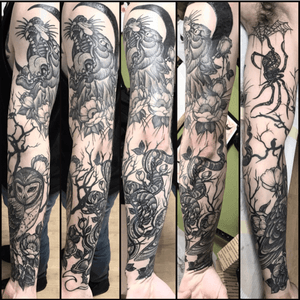 I had a full greyscale sleeve of a dark forest consisting of a wolf, owl, snake, and spider on my left arm done by Brian Dicola, I couldn’t have picked a better artist for the style and quality I was looking for. I’m 100% satisfied with how the sleeve came out and would recommend this shop and artist to anyone that is looking for “top notch” quality for a tattoo that you will enjoy for the rest of your life!