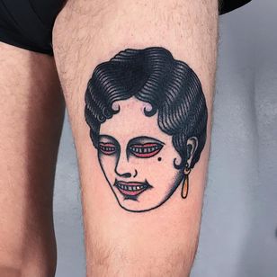 Tattoo by Berly Boy #BerlyBoy #traditional #traditional tattoo #color #oldschool #AmericanTraditional #lady #ladyhead #surrealistic #straining #mouth #goldtooth