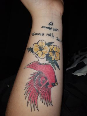 my first tattoo was the cardinal. for my late mother. and the flowers are evening primrose flowers for my late grandmother. and the words are "love you always, love mamaw" written In my late grandmothers handwriting. they need touched up and I have many plans for them in the future!