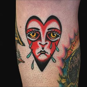 Tattoo by Alex Zampirri #AlexZampirri #traditional #traditionaltattoo #color #oldschool #AmericanTraditional #heart #love #heartbreak #portrait #tears #sad
