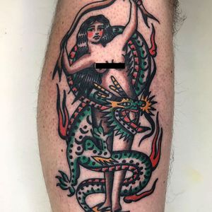 Tattoo by Younes Tattooer #YounesTattooer #traditional #traditionaltattoo #color #oldschool #AmericanTraditional #lady #pinup #bowandarrow #dragon #beast #mythicalcreature #fire