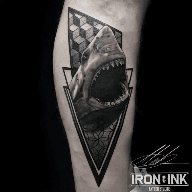 Full color realistic Great White shark tattoo by Evan Olin  Tattoos
