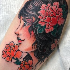 Tattoo by Beau Brady #BeauBrady #traditional #traditionaltattoo #color #oldschool #AmericanTraditional #lady #ladyhead #flowers #floral #peony #leaves #nature #beautiful