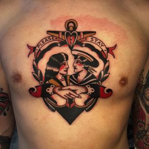 Tattoo by Bob Geerts #BobGeerts #traditional #traditionaltattoo #color #oldschool #AmericanTraditional #nautical #sailor #hands #heart #brokenheart #heartbreak #anchor #banner #text #font #pleasestay
