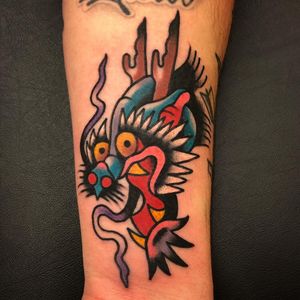 Tattoo by Jeff Sypherd #JeffSypherd #traditional #traditionaltattoo #color #oldschool #AmericanTraditional #dragon #Japanese #mythicalcreature #beast