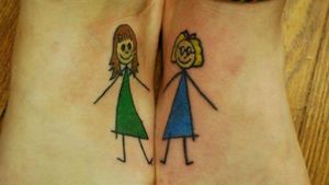 Best friend tattoos. Mine is the green on the left. #bestfriendtattoo #stickfigures #stickfiguretattoo #girlpower 