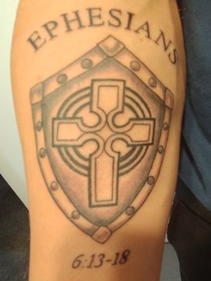 Ephesians Bible verse, with Celtic cross inside shield, whole armor of God