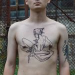 Tattoo by Nikita Erokhin #NikitaErokhin #besttattoos #illustrative #linework #portrait #lady #sleep #chestpiece