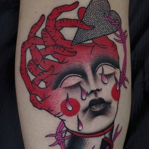 Tattoo by Łukasz Sokołowski #ŁukaszSokołowski #besttattoos #hand #surreal #tears #barbedwire #strange #heart #heartbreak #color