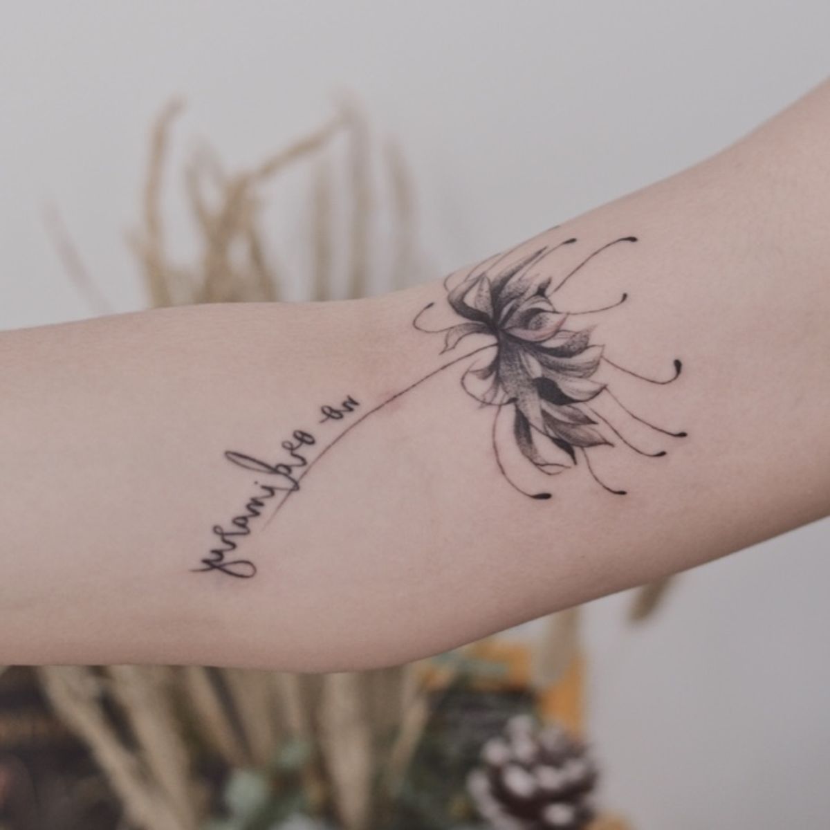 Tattoo Uploaded By Lesine Le Sinex Hong Kong Red Spider Lily Script Tattoo Linework Dotwork Tattoodo